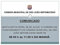 Comunicado da Câmara Municipal de São João Nepomuceno